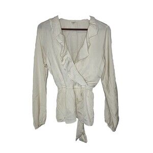 Max Studio Women's Large Long Sleeve Wrap Ruffle Front Top Blouse Off White